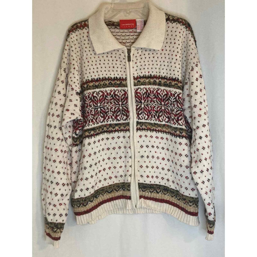 Vintage‎ Liz Claiborne Womens Zip Up Holiday Patterned Cardigan Sweater Cream